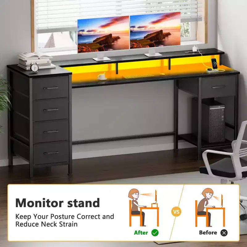 Bureau informatique noir de 61 pouces avec station de recharge, bureau de jeu avec lumières LED, réversible, 5 tiroirs en tissu, table d'écriture pour bureau à domicile, rangement pour les études