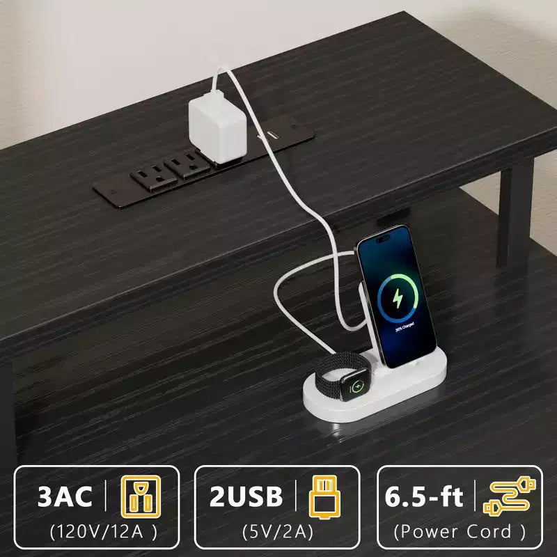 Bureau informatique noir de 61 pouces avec station de recharge, bureau de jeu avec lumières LED, réversible, 5 tiroirs en tissu, table d'écriture pour bureau à domicile, rangement pour les études