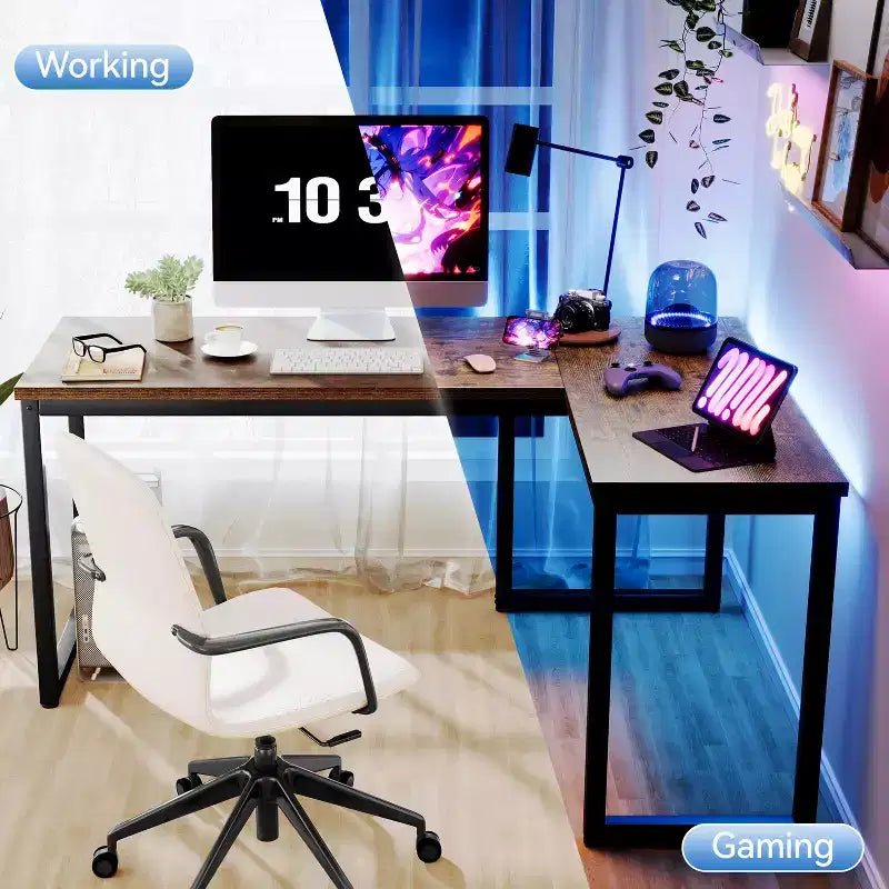 Bureau d'ordinateur d'angle, cadre métallique, rechargeable, plateau épaissi, adapté à un usage professionnel dans les salons
