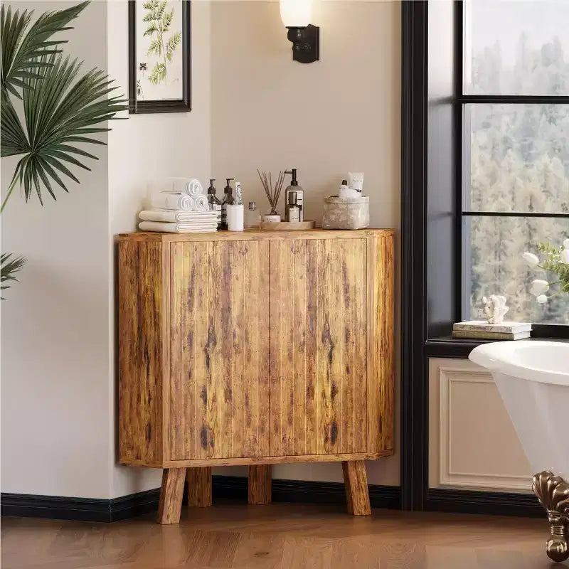 Meuble d'angle de ferme avec étagère réglable, table d'angle industrielle en bois à 3 niveaux avec portes, table d'appoint triangulaire (80 x 40 x 78 cm)