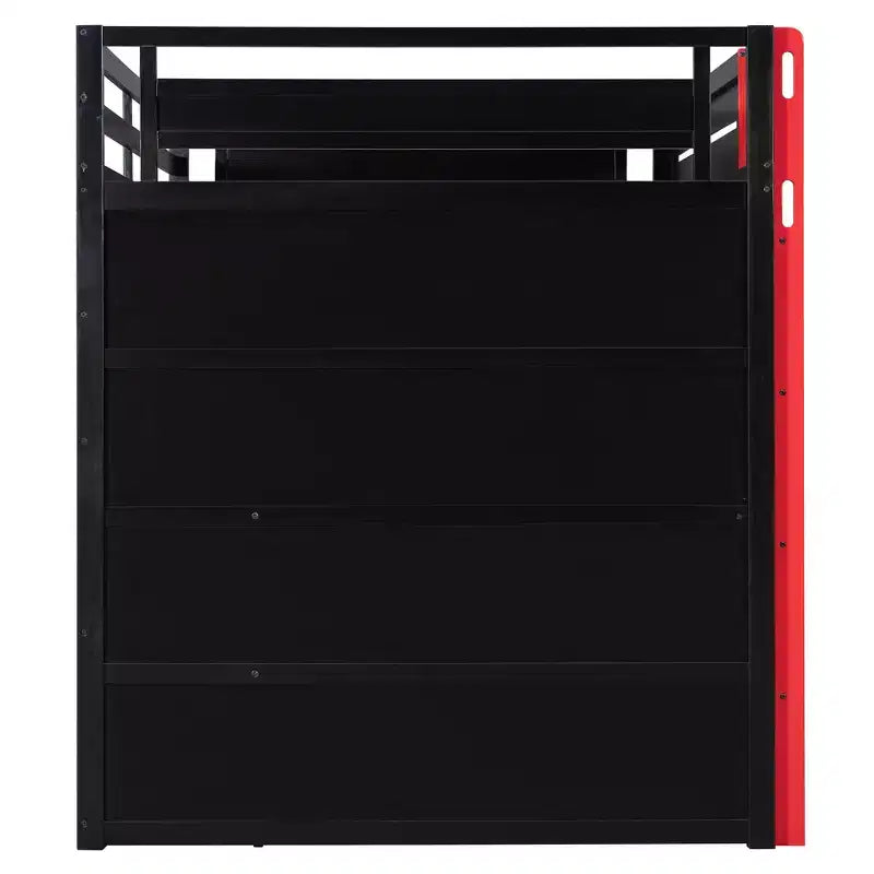 Lit mezzanine pleine grandeur pour gamer avec étagères de rangement, bureau et éclairage