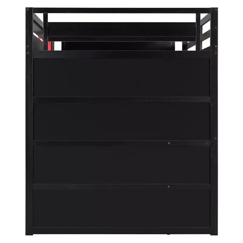 Lit mezzanine pleine grandeur pour gamer avec étagères de rangement, bureau et éclairage