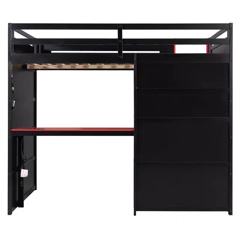 Lit mezzanine pleine grandeur pour gamer avec étagères de rangement, bureau et éclairage