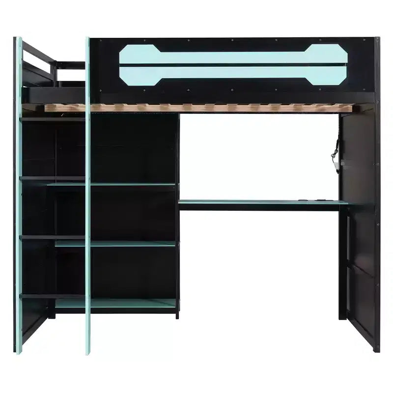 Lit mezzanine pleine grandeur pour gamer avec étagères de rangement, bureau et éclairage