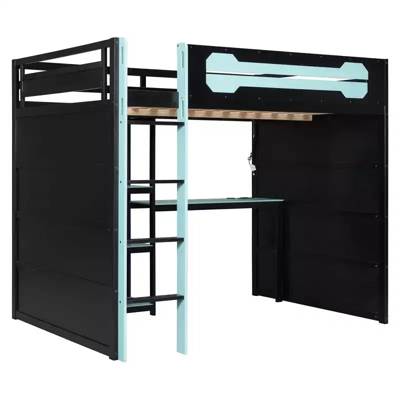 Lit mezzanine pleine grandeur pour gamer avec étagères de rangement, bureau et éclairage
