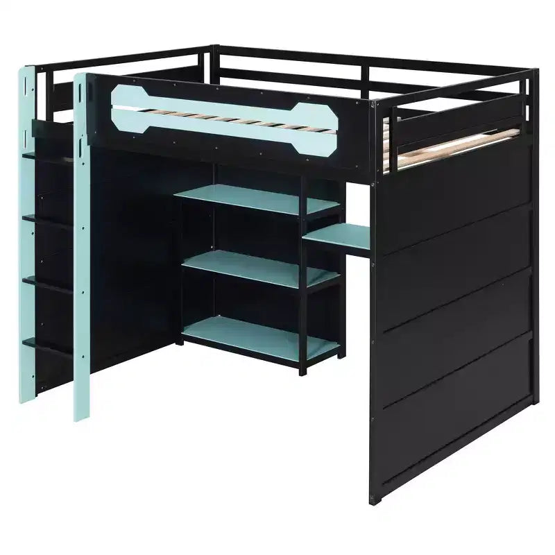 Lit mezzanine pleine grandeur pour gamer avec étagères de rangement, bureau et éclairage