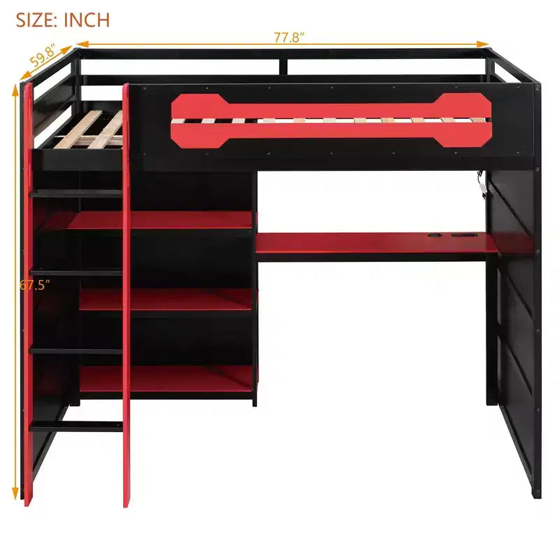 Lit mezzanine pleine grandeur pour gamer avec étagères de rangement, bureau et éclairage