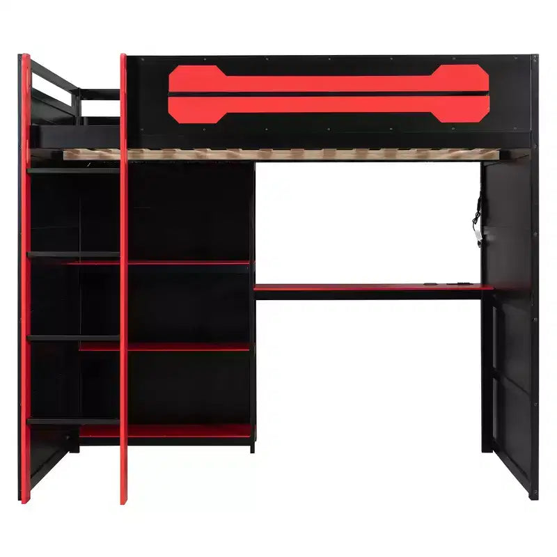 Lit mezzanine pleine grandeur pour gamer avec étagères de rangement, bureau et éclairage