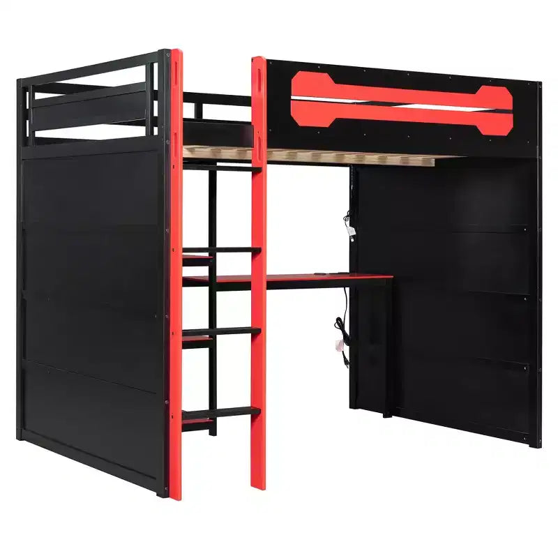 Lit mezzanine pleine grandeur pour gamer avec étagères de rangement, bureau et éclairage