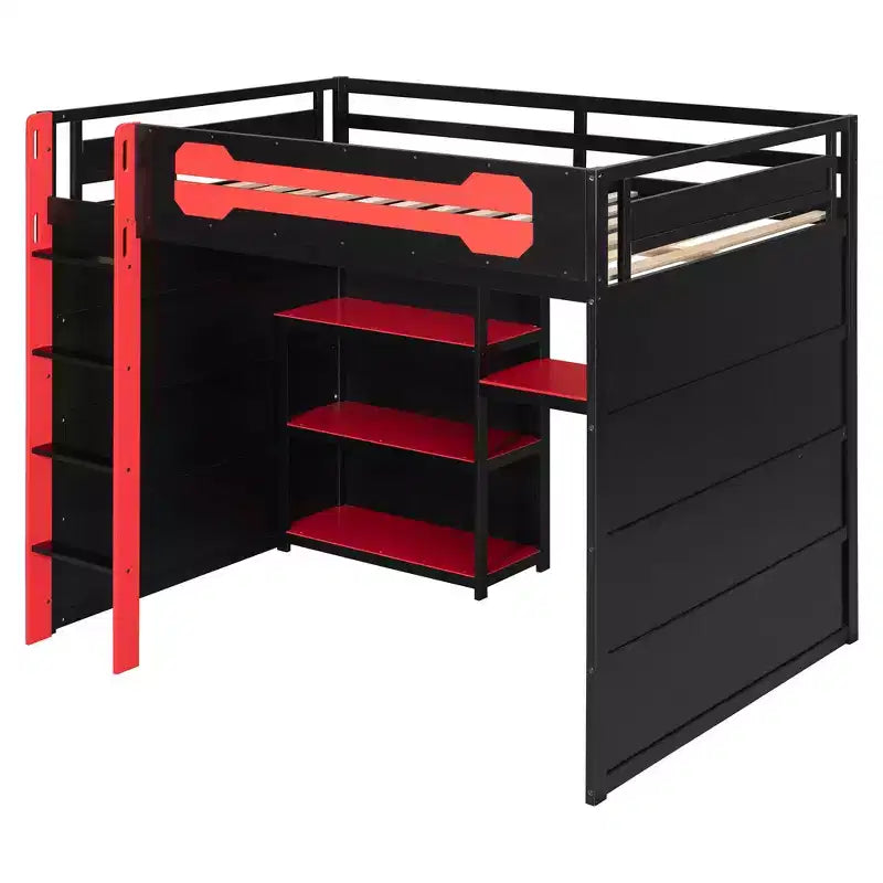 Lit mezzanine pleine grandeur pour gamer avec étagères de rangement, bureau et éclairage