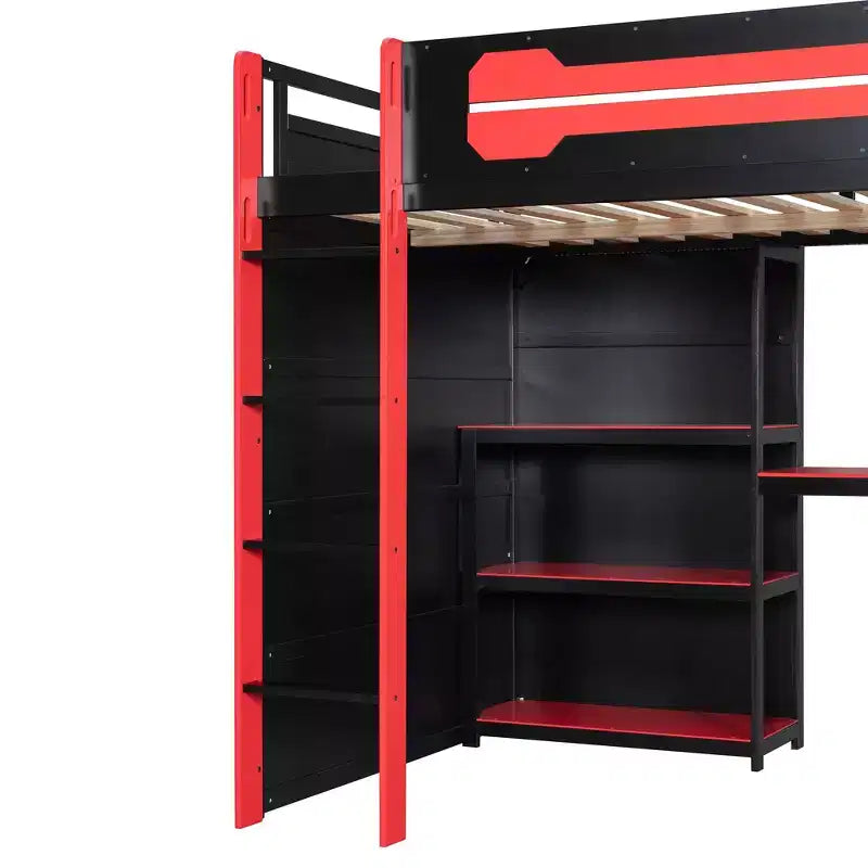 Lit mezzanine pleine grandeur pour gamer avec étagères de rangement, bureau et éclairage