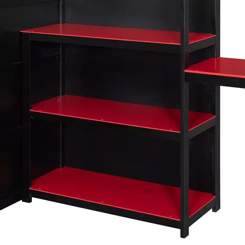 Lit mezzanine pleine grandeur pour gamer avec étagères de rangement, bureau et éclairage