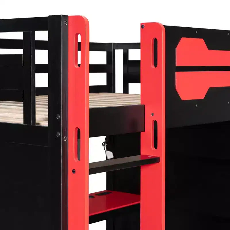 Lit mezzanine pleine grandeur pour gamer avec étagères de rangement, bureau et éclairage