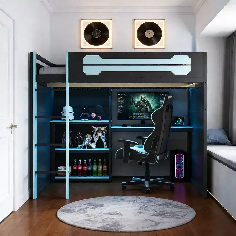 Luxystar Full Size Gaming Loft Bed with Storage Shelves, Desk and Light