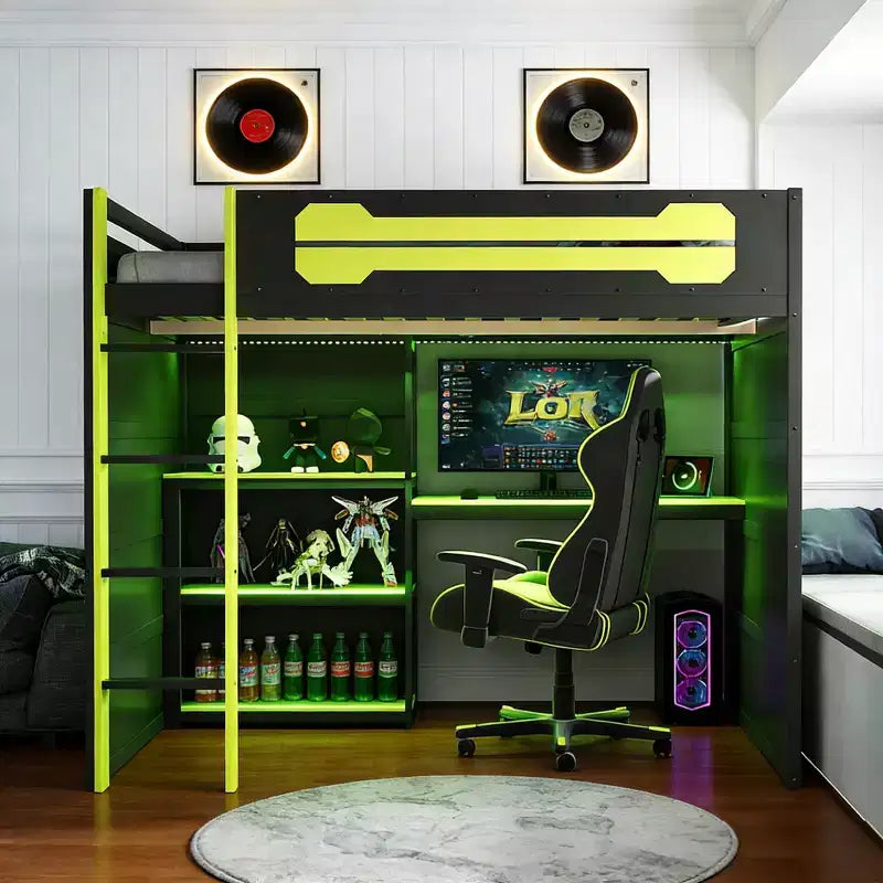 Lit mezzanine pleine grandeur pour gamer avec étagères de rangement, bureau et éclairage