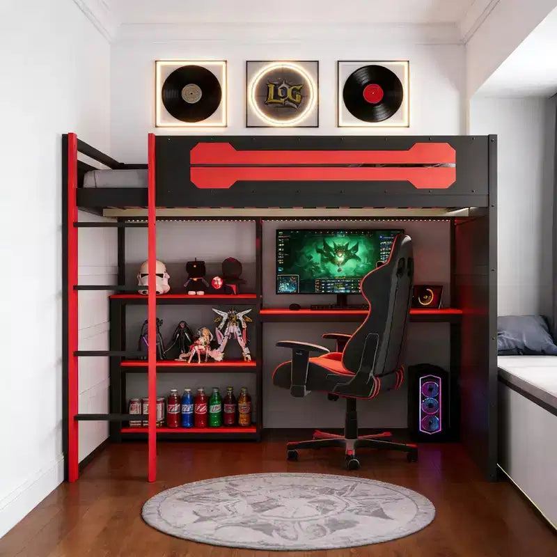 Lit mezzanine pleine grandeur pour gamer avec étagères de rangement, bureau et éclairage