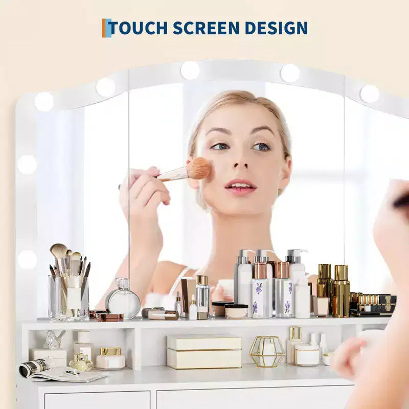 Coiffeuse en bois avec miroir lumineux LED et station de recharge, meuble de maquillage moderne avec tiroirs et placards de rangement pour chambre à coucher