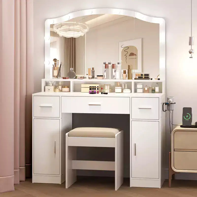 Coiffeuse en bois avec miroir lumineux LED et station de recharge, meuble de maquillage moderne avec tiroirs et placards de rangement pour chambre à coucher