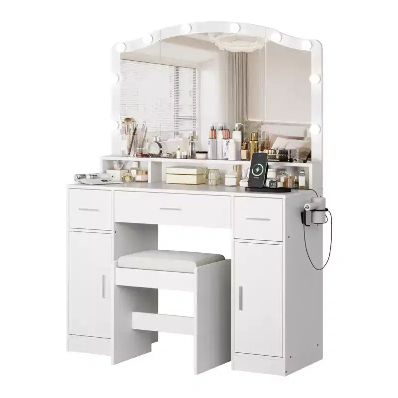 Coiffeuse en bois avec miroir lumineux LED et station de recharge, meuble de maquillage moderne avec tiroirs et placards de rangement pour chambre à coucher