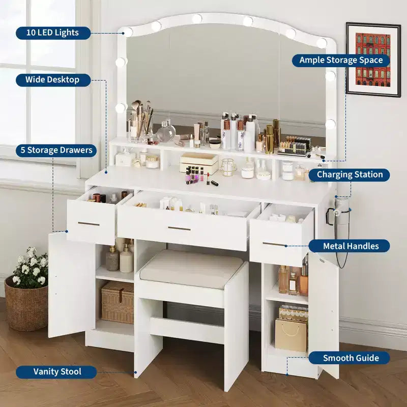 Coiffeuse en bois avec miroir lumineux LED et station de recharge, meuble de maquillage moderne avec tiroirs et placards de rangement pour chambre à coucher