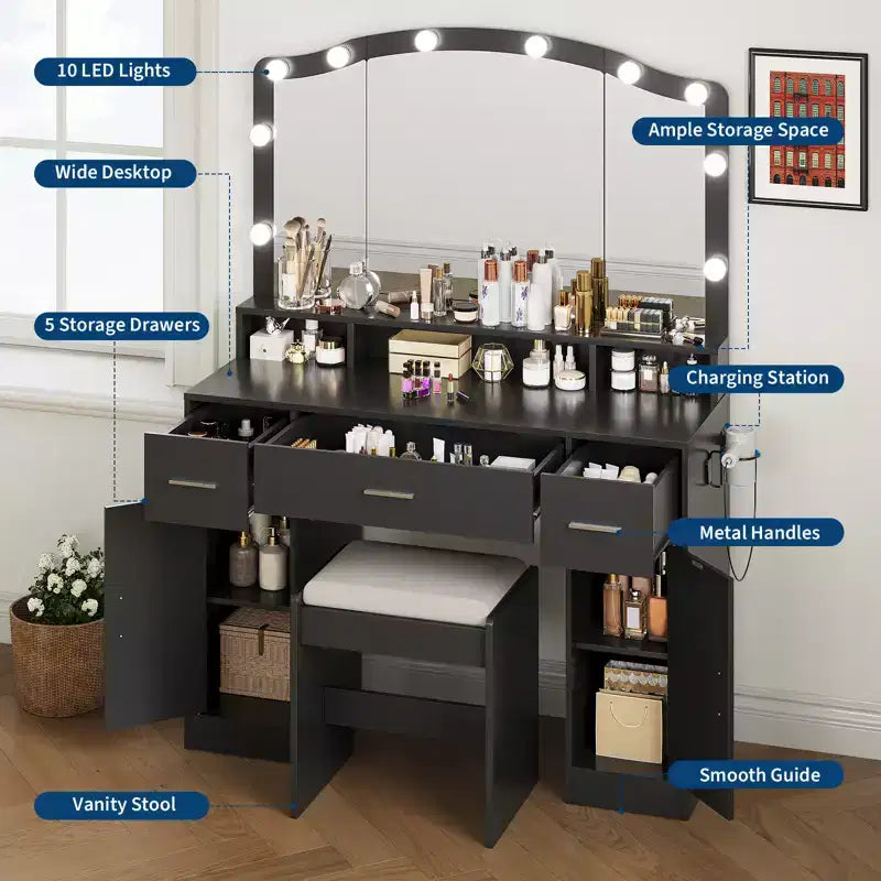 Coiffeuse en bois avec miroir lumineux LED et station de recharge, meuble de maquillage moderne avec tiroirs et placards de rangement pour chambre à coucher