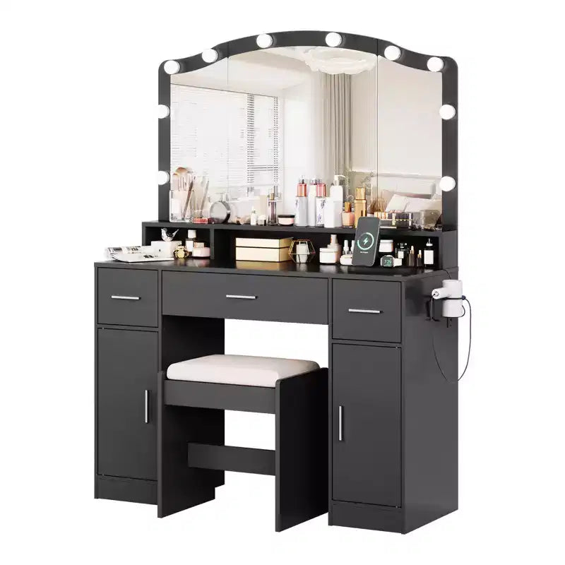Coiffeuse en bois avec miroir lumineux LED et station de recharge, meuble de maquillage moderne avec tiroirs et placards de rangement pour chambre à coucher