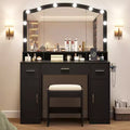 Wooden Vanity Table with LED Lighted Mirror & Charging Station, Modern Makeup Vanity Desk with Storage Drawers & Cabinets for Bedroom
