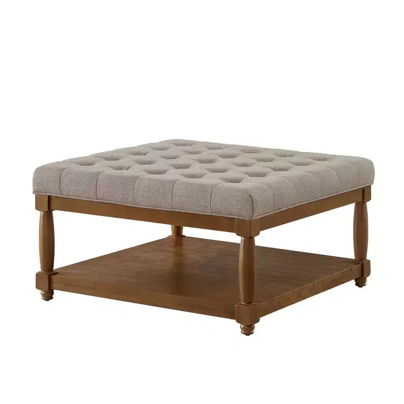 Pouf capitonné carré en bois moderne avec revêtement en lin et étagère de rangement