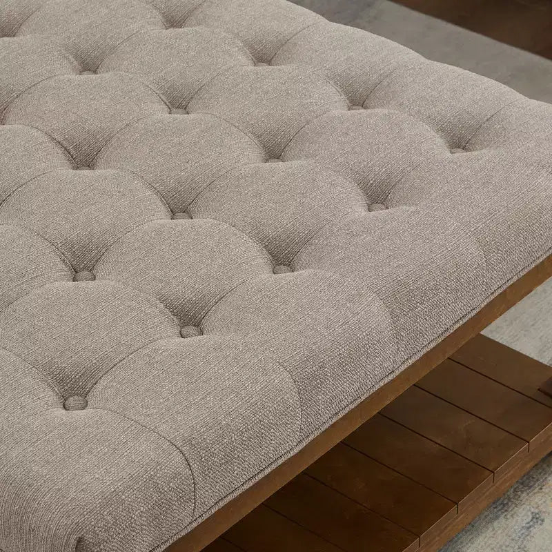 Pouf capitonné carré en bois moderne avec revêtement en lin et étagère de rangement