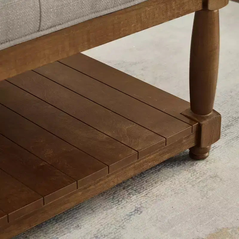 Pouf capitonné carré en bois moderne avec revêtement en lin et étagère de rangement