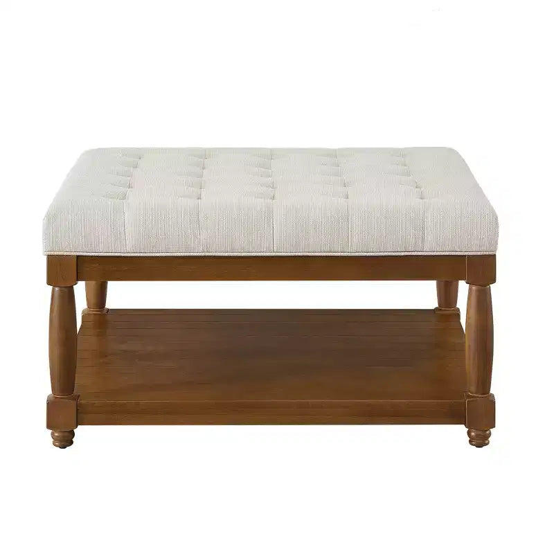 Pouf capitonné carré en bois moderne avec revêtement en lin et étagère de rangement