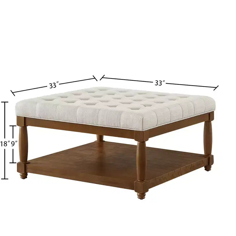 Pouf capitonné carré en bois moderne avec revêtement en lin et étagère de rangement