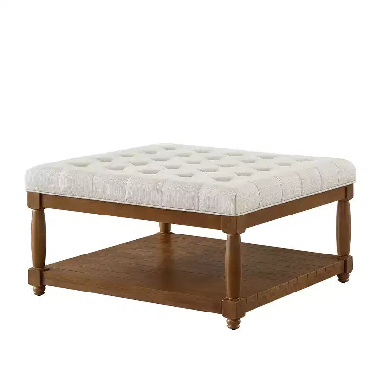 Pouf capitonné carré en bois moderne avec revêtement en lin et étagère de rangement