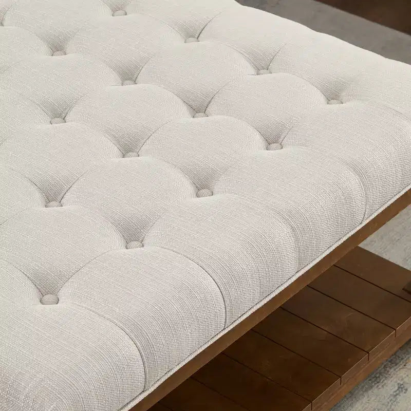Pouf capitonné carré en bois moderne avec revêtement en lin et étagère de rangement