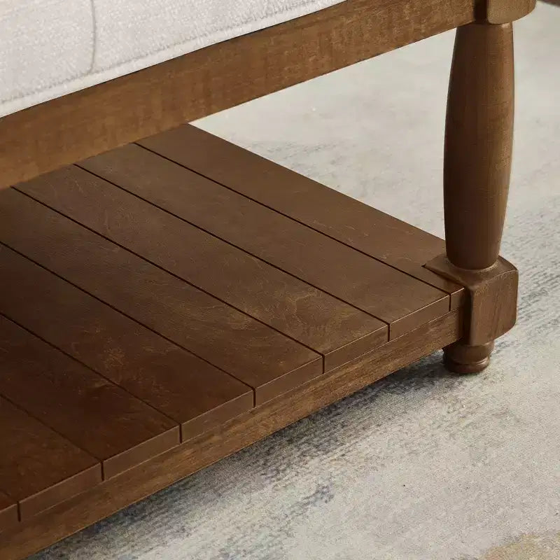 Pouf capitonné carré en bois moderne avec revêtement en lin et étagère de rangement