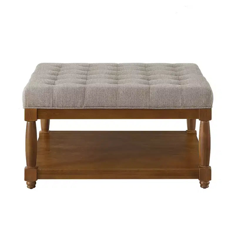 Pouf capitonné carré en bois moderne avec revêtement en lin et étagère de rangement