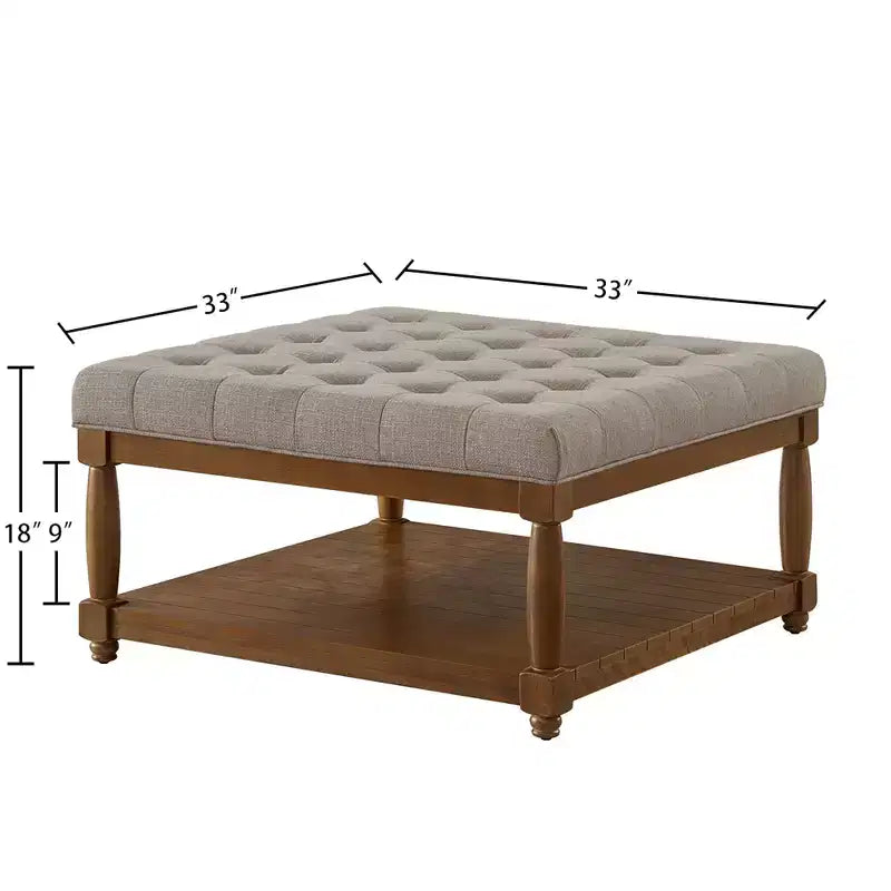 Pouf capitonné carré en bois moderne avec revêtement en lin et étagère de rangement