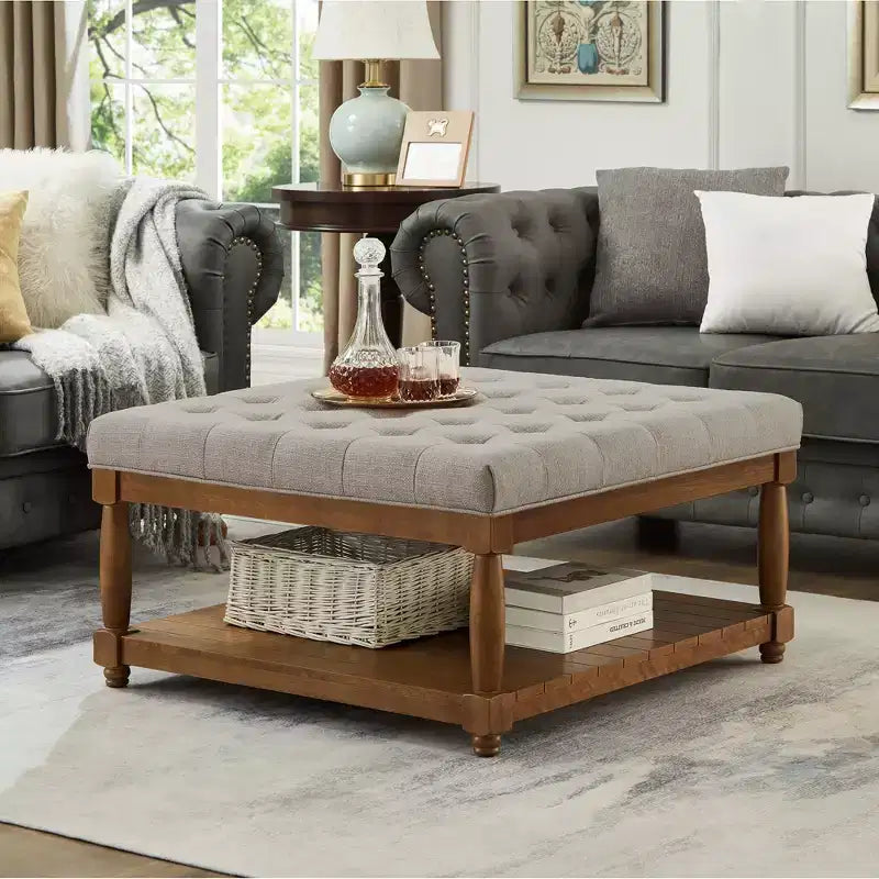 Pouf capitonné carré en bois moderne avec revêtement en lin et étagère de rangement
