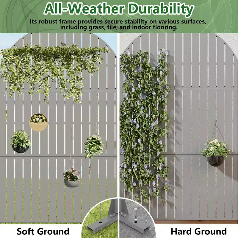Paravent de confidentialité autoportant en métal cintré de 72H x 47L po, couleur gris clair/brun, pour jardin, patio, terrasse, cour