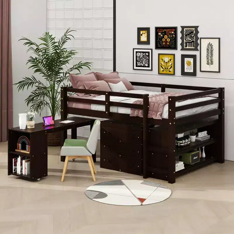 Luxystar Full Size Low Loft Bed with Rolling Desk, 3 Drawers and Shelves