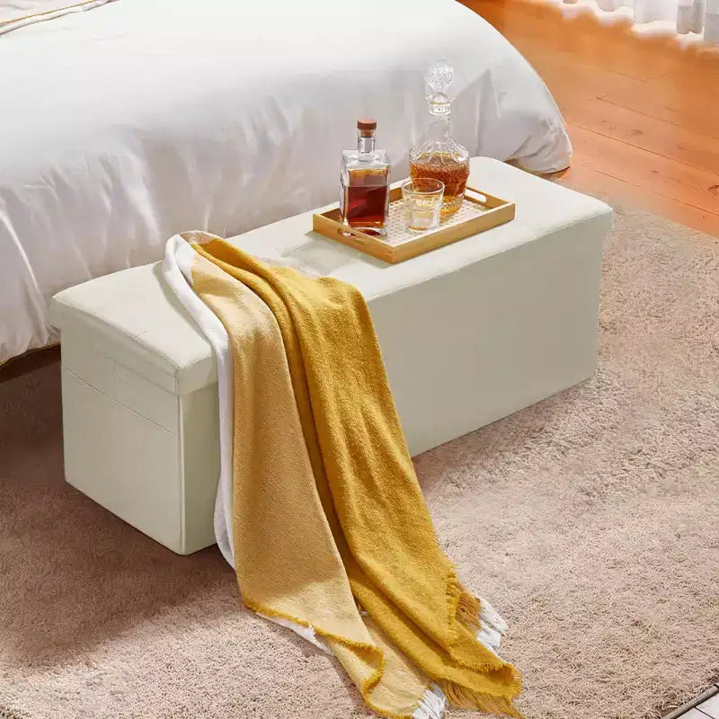 Banc de rangement ottoman pliable, bout de lit avec poches latérales, coffre de rangement pliant rembourré supportant 300 kg, ottoman de lit en lin, beige