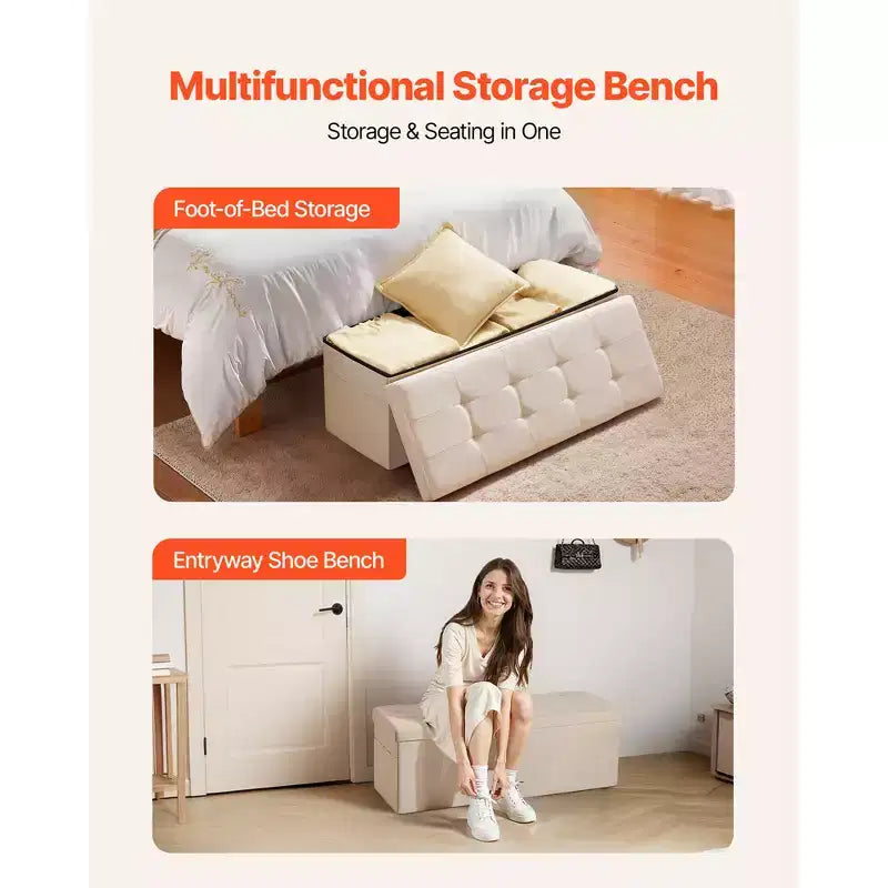 Banc de rangement ottoman pliable, bout de lit avec poches latérales, coffre de rangement pliant rembourré supportant 300 kg, ottoman de lit en lin, beige