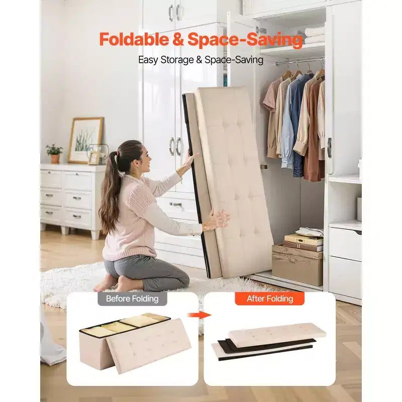 Banc de rangement ottoman pliable, bout de lit avec poches latérales, coffre de rangement pliant rembourré supportant 300 kg, ottoman de lit en lin, beige