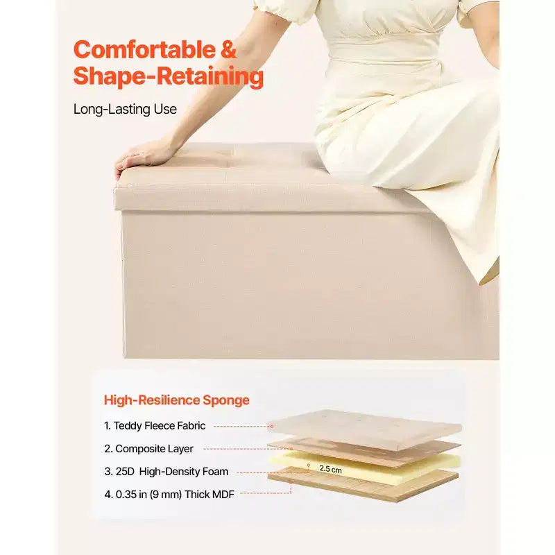 Banc de rangement ottoman pliable, bout de lit avec poches latérales, coffre de rangement pliant rembourré supportant 300 kg, ottoman de lit en lin, beige