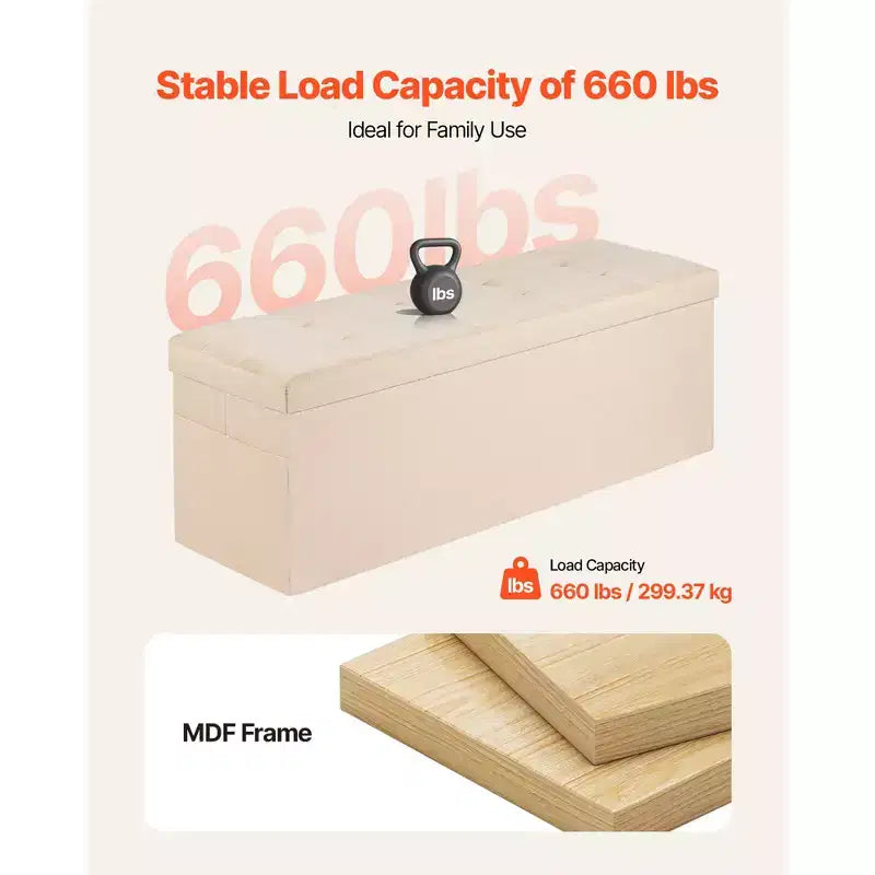 Banc de rangement ottoman pliable, bout de lit avec poches latérales, coffre de rangement pliant rembourré supportant 300 kg, ottoman de lit en lin, beige