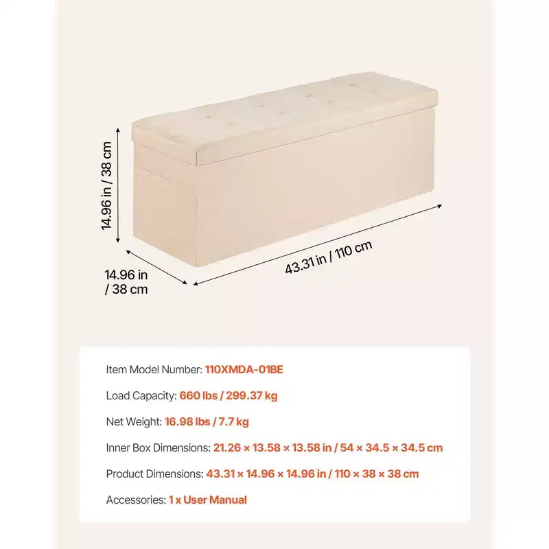 Banc de rangement ottoman pliable, bout de lit avec poches latérales, coffre de rangement pliant rembourré supportant 300 kg, ottoman de lit en lin, beige