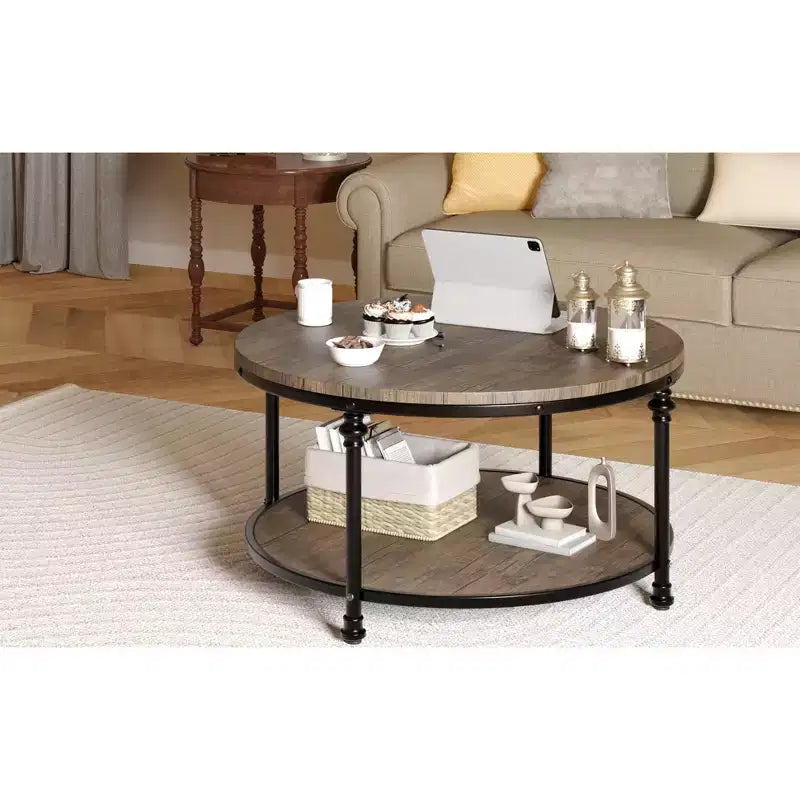 Table Basse. Ronde en Bois Vintage Rétro. Table à 2 Niveaux. Table d'Appoint. Table d'Extrémité avec 4 Pieds Colonnes pour Salon. Séjour. Bureau