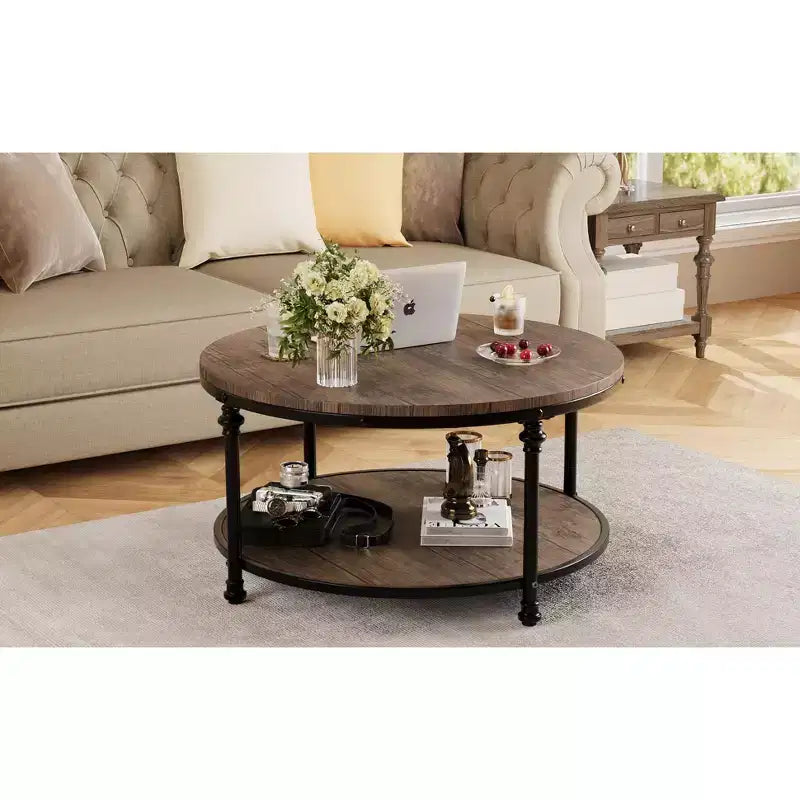 Table Basse. Ronde en Bois Vintage Rétro. Table à 2 Niveaux. Table d'Appoint. Table d'Extrémité avec 4 Pieds Colonnes pour Salon. Séjour. Bureau