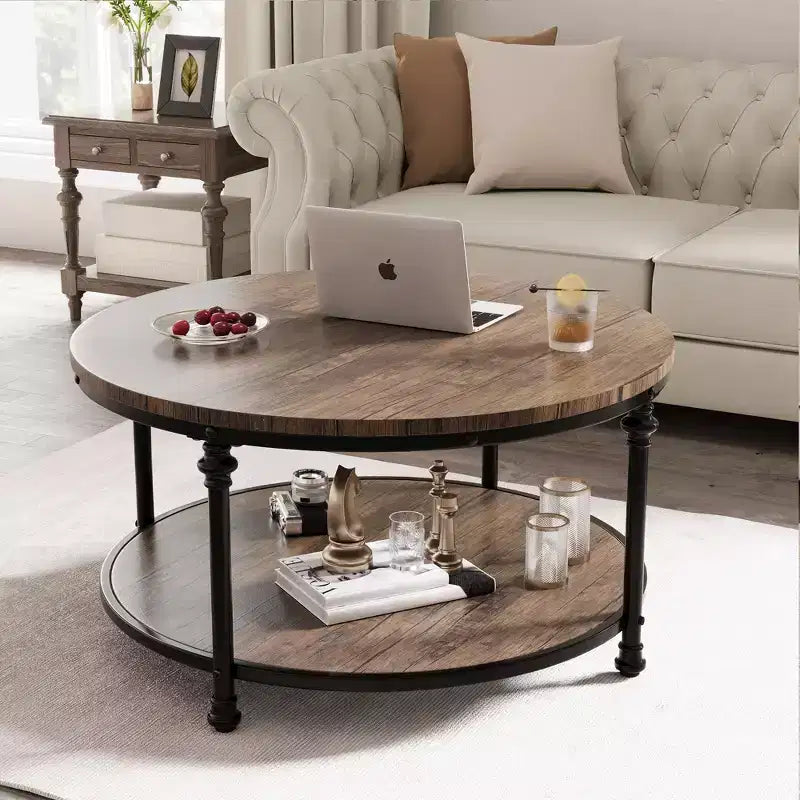 Table Basse. Ronde en Bois Vintage Rétro. Table à 2 Niveaux. Table d'Appoint. Table d'Extrémité avec 4 Pieds Colonnes pour Salon. Séjour. Bureau