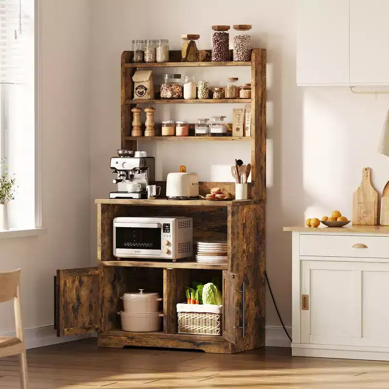 Meuble support de micro-ondes de ferme avec prise de courant et ports USB, plan de travail épaissi, organisateur d'appareils de cuisine pour salon, salle à manger